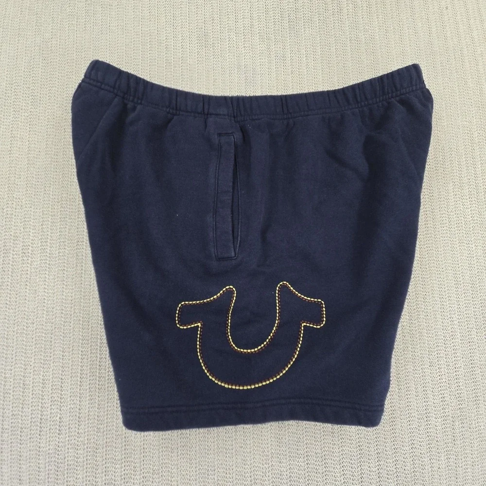 True Religion Shorts Mens XL Blue Fleece Sweat Drawstring Logo Casual Streetwear